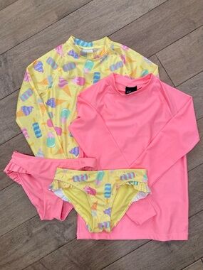 NEW! Mix & Match Long-Sleeve Rashguards & Swim Bottoms | Pink/Ice Cream | 8-10Y